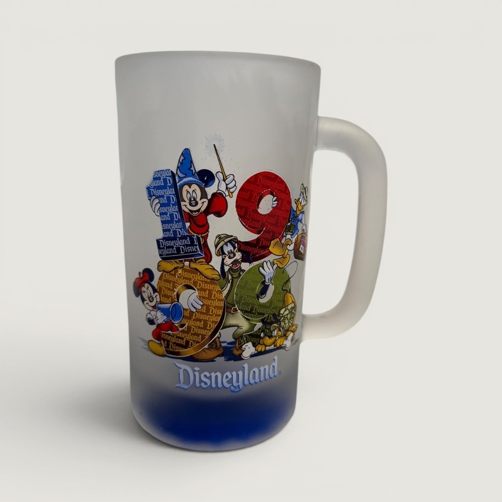 Disneyland Vintage Frosted Glass Mug Mickey Mouse Goofy 1990s Blue Base Stein